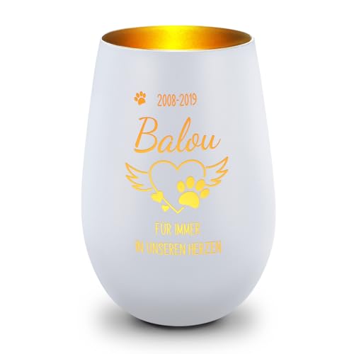 GRAVURZEILE Deko Windlicht aus Glas mit Gravur - Pfotenherz - Personalisiert mit Namen & Datum - Haustier Trauerlicht - Grabschmuck zur Beerdigung oder als Andenken - Weiß/Gold