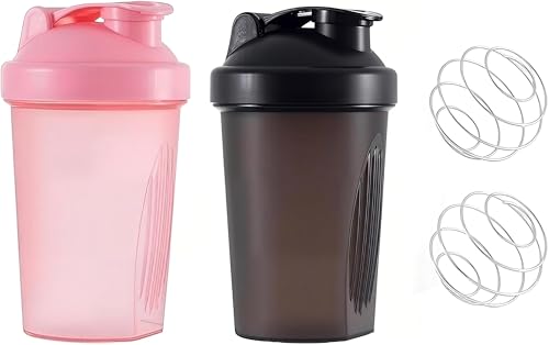 Shaker Protéiné 400ml,Protein Shaker,2 PCS Bouteille Shaker Protéines,sans BPA,avec Boules de Fouet en Métal,Pour Fitness,Sport,Gym (noir + rose)