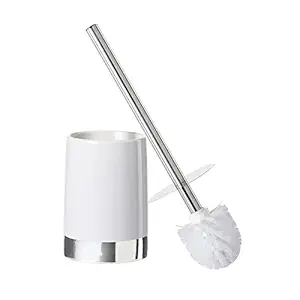 Motifeur Bathroom Accessories Ceramic Toilet Brush Set - Toilet Bowl Brush and Holder (White and Silver)