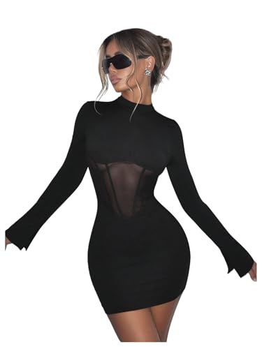 Amazon.com: SHENHE Women's Sexy Open Back Sheer Mesh Long Sleeve Backless  Bodycon Party Mini Dress Black A X-Small : Clothing, Shoes & Jewelry