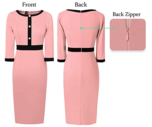 Vfshow Womens Peach Pink And Black Patchwork Button Crew Neck Slim Wear To Work Office Business Bodycon Pencil Dress 9793 Pik Xl #TOP5