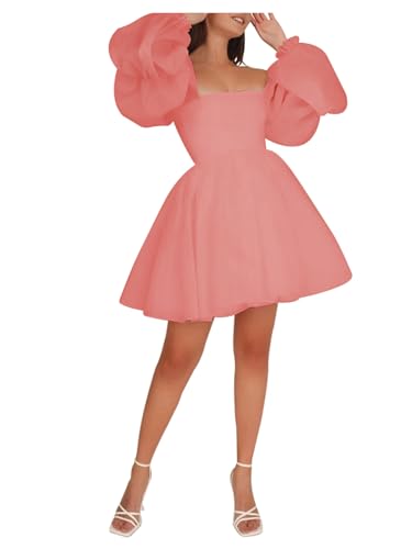 Puffy Long Sleeve Short Homecoming Dresses for Teens Tulle Coral
