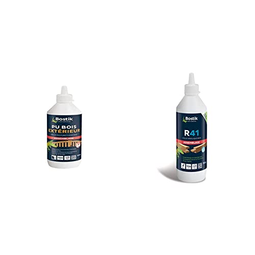 Bostik Colle PU Bois Extérieur – Colle Bois Polyuréthane Liquide & Colle Vinylique Bois R41 – Colle à Bois Prise Rapide – Colle d'Assemblage et de Placage du Bois – Blanc – Biberon de 750 g