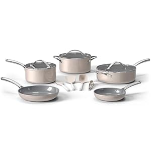 Bakken 12-Piece Aluminum Cookware Set with Ceramic Nonstick Coating, PTFE & PFAS Free, All Stovetop Safe Up To 500°F, Pots and Pans Set with Lids, Silicone Utensils Included, Dishwasher Safe, Cream