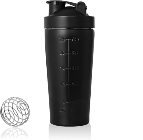 750 ml Stainless Steel Protein Shaker Sports Fitness Protein Drinking Bottle Portable Water Cup with Stirring Ball for Protein, Diet and Fitness Shakes (Black)
