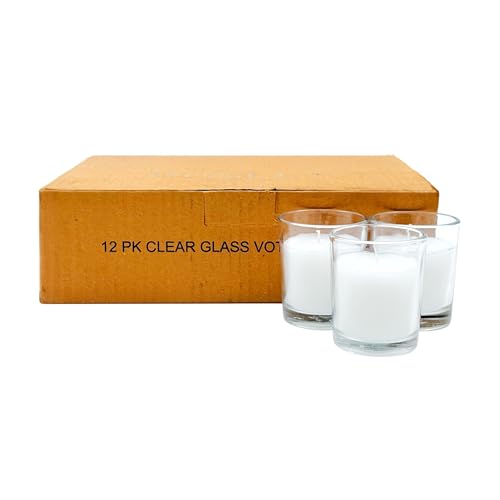 Image of Hosley Set of 12 White Unscented Votive Candles in Clear Glass Holders - Hand Poured Soy Wax, 10-12 Hour Burn Time for Weddings & Home Decor