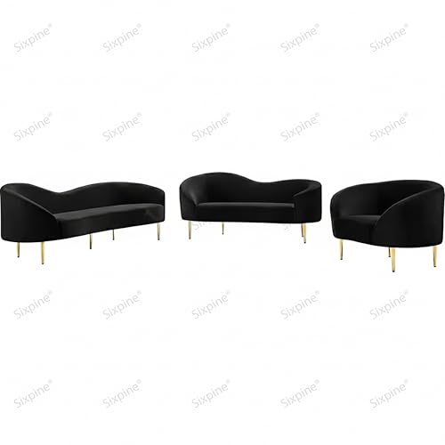 Image of Rosewood Luxury Curved Sofa in Premium Velvet-Fabric | Solid Wood Structure | High Density Foam | Sturdy Golden Legs | Comfortable & Stylish Couch for Living Room (Black, 2 Seater)