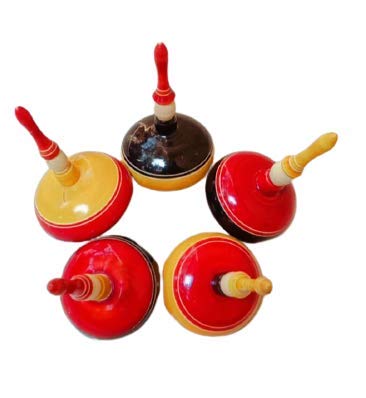 Funwood Games Set of 5 Multicolor Wooden Umbrella Spinning Tops Combo Set for Kids