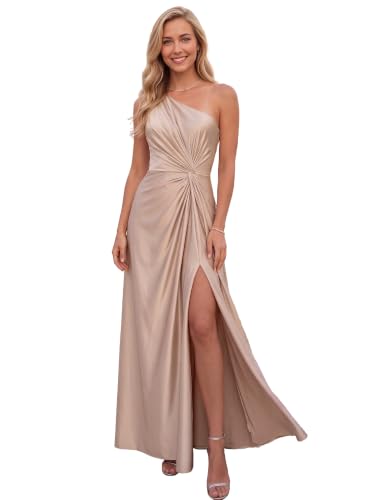 Image of Ever-Pretty Women's One Shoulder Satin Bridesmaid Maxi Dress with Slit Formal Evening Gown for Wedding Champagne 14UK