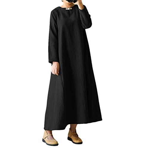 Robe vintage en coton haut de gamme et lin noble col en V noir