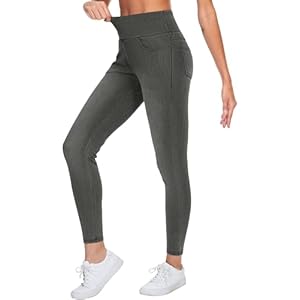 THE GYM PEOPLE Women's High Waisted Jeggings Pants Stretchy Tummy Control Skinny Jean Leggings with Pockets 28" inseam X-Large Black Grey