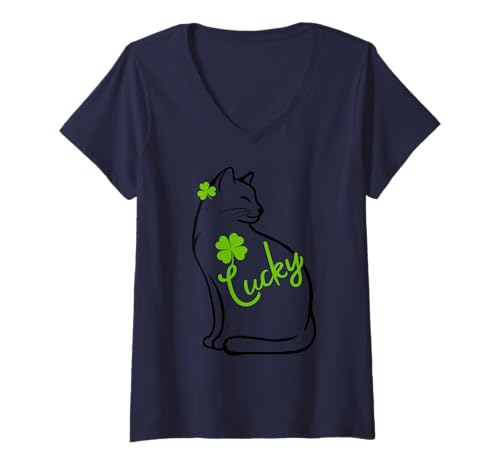 Mujer Lucky Cute Cat Green Clover Shamrock Irlanda Bandera Irlandesa Camiseta Cuello V