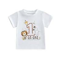 Baby Junge 1. Jahr Geburtstags T-Shirt Wild One Kurzarm Oberteil Baby Mein Erster Geburtstags Outfit Sommer Kleidung (1 Wild One Tiere Weiß, 12-18 Months)