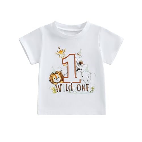 Baby Junge 1. Jahr Geburtstags T-Shirt Wild One Kurzarm Oberteil Baby Mein Erster Geburtstags Outfit Sommer Kleidung (1 Wild One Tiere Weiß, 12-18 Months)