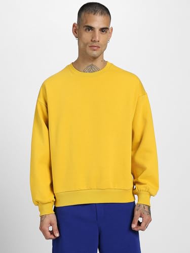 Image of Veirdo Cotton Poly Fleece Oversized Fit Full Sleeves Ribbed Solid Crew Neck Sweatshirt for Men