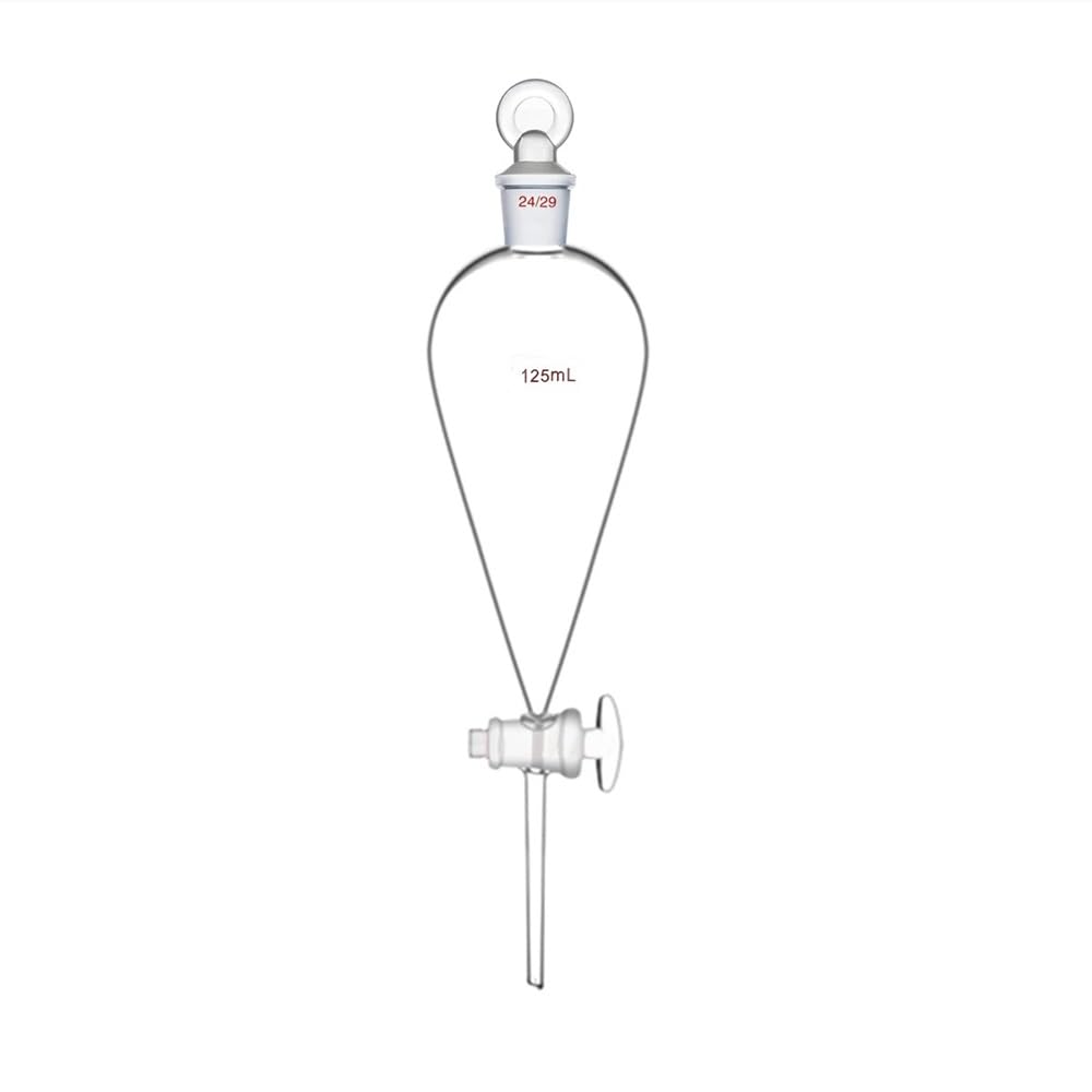 Embudo de separación piriforme de vidrio 24/29 de 125 ml con tubo de goteo recto y llave de paso de vidrio, cristalería de laboratorio