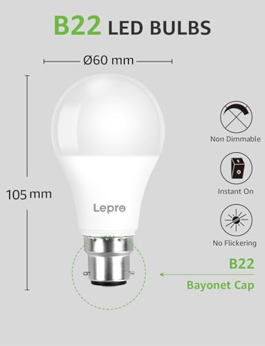 Lepro Bayonet Light Bulb, Cool White 6500K, 60W Equivalent, 8.5W 806LM B22 LED Bulb Daylight White, Energy Saving Light Bulbs Bayonet, Non-dimmable, Pack of 6