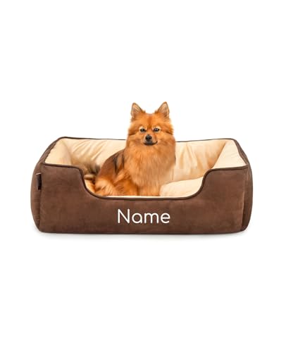 lionto Letto per cani 2 in 1 con ingresso confortevole, accogliente cuccia reversibile per cani e gatti, 80x60 cm, cuscino in similpelle facile da pulire, marrone/beige (con nome)