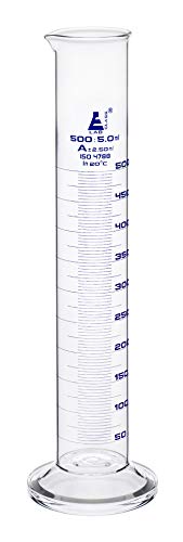 EISCO Graduated Cylinder, 500ml - Class A Tolerance ±2.50ml - Round Base - Blue Graduations - Borosilicate 3.3 Glass