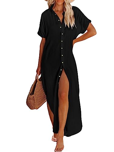 Breezy Lane Long Button Down Beach Cover Up for Women Short Sleeve Swimsuit Coverup Bathing Suit Cover Ups