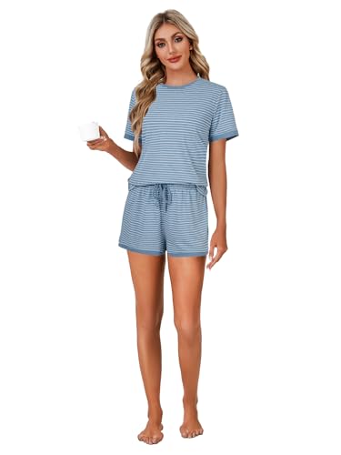 Image of LYANER Pajama Set for Women 2 Piece Lounge Set Striped Crew neck Short Sleeve Tops and Shorts Soft Sleepwear