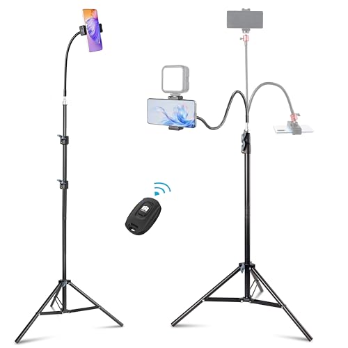 Phone Tripod Stand UEGOGO 86 Tall Tripod with Flexible Gooseneck & Bluetooth Remote Adjustable Phone Holder for Video Recording Selfies Live Streaming Compatible with iPhone & Android