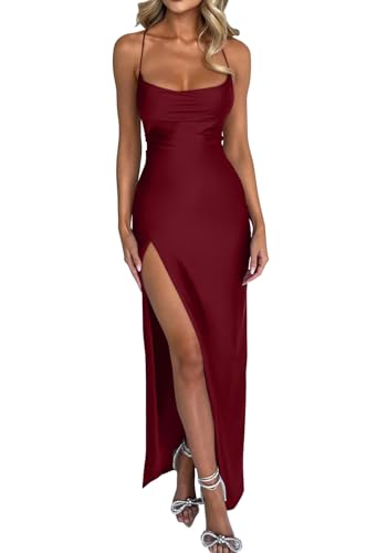 Memoriesea Womens Sexy Spaghetti Strap Bodycon Cowl Neck Party Cocktail Maxi Dress Burgundy
