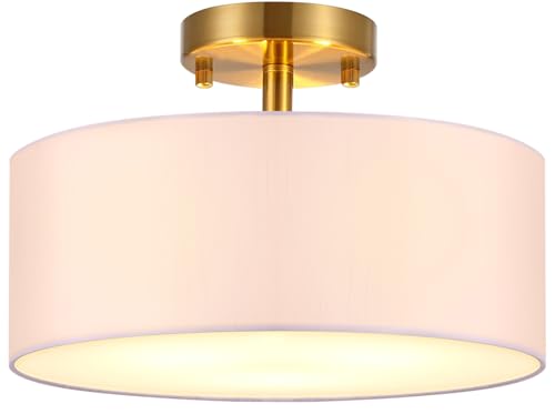 Nut Lighting 15 Inch Drum Light, Semi-Flush Mount Ceiling Light Fixture White Fabric Drum Shade and Gold Plating Finish,Ceiling lamp for Bedroom, Dining Room, Corridor, Living Room - image 1