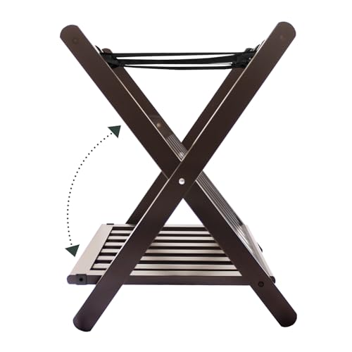 Fully Assembled Bamboo Luggage Rack, Folding Suitcase Stand with 5 Nylon Straps, Luggage Holders with Shelf, Ideal for Guest Room, Bedroom, Hotel, Espresso