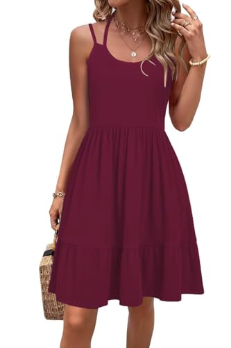 Tanmolo Kleid Damen Sommer Spagettiträgern Kleid Knielang Freizeitkleider Mit Taschen Swing Strandkleid (Weinrot M)