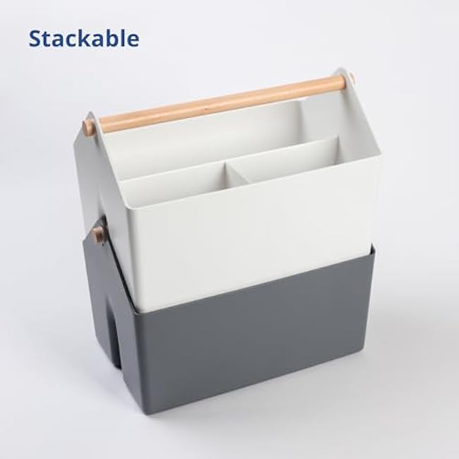 BLUE GINKGO Medium Storage Basket ¨C Plastic Caddy with Wooden Handle for Office, Arts & Crafts, or Home Supplies (White)