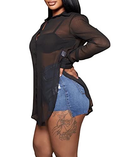 Womens Sheer Button Up Blouse Sexy Long Sleeve Mesh See Through Shirts Tops2