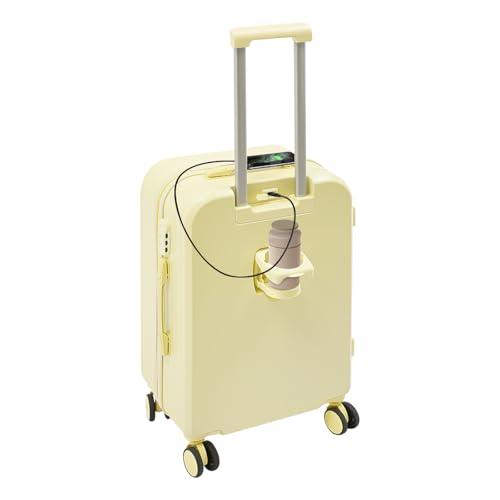LOYALHEARTDY 24In Suitcase, Suitcase with Cup Holder and Side Hooks,Zippers Travel Luggage Suitcase for Business Trips, Vacations(Light Yellow)