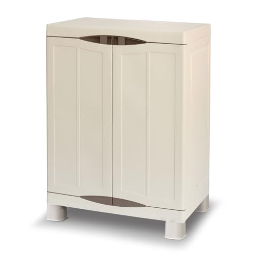 INTEC - Armoire Basse Exterieur Interieur Beige 2 Portes 2 Etagères 70 x 47 x 97cm - Petit Meuble de Rangement Charge 50kg Max Garage Buanderie Terrasse Jardin
