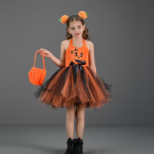 Orange Pumpkin Halloween Dress for Girls Halter Puffy Layered Tulle Tutu Toddler Kids Velvet Scary Party Sundress4