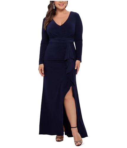 Image of Betsy & Adam Women's Plus Size Long Sleeve Stretchy V-Neck Wrap Formal Dress w /Slit