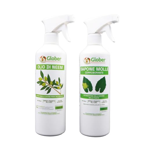 GLOBER Olio di Neem + Sapone molle Spray 500ml - Pronto all'uso - Protegge Piante Orto e Giardino - Naturale ed Ecologico (2x500ml)