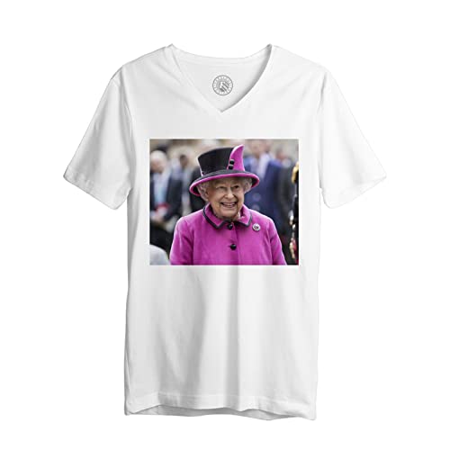T-Shirt Uomo Scollo a V Queen Elisabeth II Cappello Rosa Moda Regina d'Inghilterra Fashion Style, bianco, XL