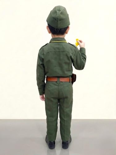 Image of BookMyCostume 8-Pcs Netaji Subhash Chandra Bose Indian National Leader Dress | Freedom Fighter Costume for Kids | Patriotic Independence Day, School Annual Function & Fancy Dress | Green 3-4 Years