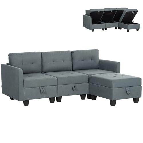 HOMCOM Convertible Modular Sectional Sofa with Storage, Tufted 3 Seater Sofa Set, L Shaped Couch with Ottoman, Wood Frame for Living Room, Dark Grey