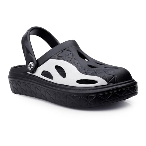 Image of Deer Rock Unisex Black & White Chunky Sole Clogs | Lightweight EVA Slip-On Sandals with Breathable Cut-Out Design & Adjustable Heel Strap