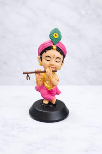 Image of Krishan Ji Car Dashboard Idol with Double Sided Tape | Bal Gopal Statue for Car Dashboard, Home Temple & Office | Cute Krishna Murti Gift Item | Standing Eye Closed | Pink