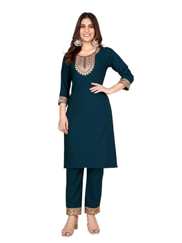 Image of Pratham Blue Kurta Set for Women Silk Embroidered Straight Kurta Set for Women with Pant