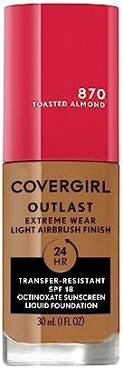 Covergirl Outlast Extreme Wear 3-in-1 Full Coverage Liquid Foundation, SPF 18 Sunscreen, Toasted Almond, 1 Fl. Oz.