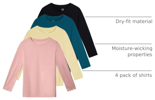 Image of Real Essentials 4 Pack: Girls' Dry-Fit Long Sleeve Crew Neck T-Shirt - Athletic Activewear Soccer Top for Teens Kids Youth