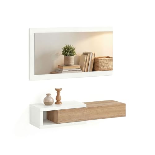 duehome | Recibidor con Cajón y Espejo, Mueble de Entrada, Modelo Derek, Acabado en Blanco Artik y Roble Canadian, Medidas: 95 cm (Ancho) x 19 cm (Alto) x 26 cm (Fondo)