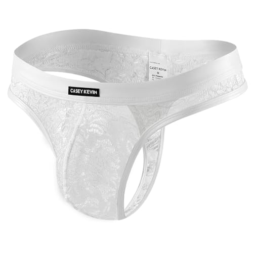 Arjen Kroos Men's Lace Thong - Sexy Sheer Mesh T-back Bikini Briefs, Low-Waist G-string Underwear with Leather Waistband