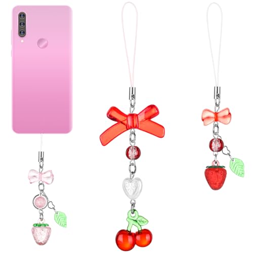 Neptniopllab 3 Cute Strawberry Cherry Phone Charms, Y2K Cell Phone Charms with Heart Straps and Pendant Decoration