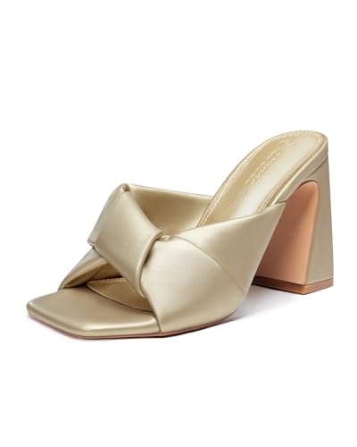 Image of Coutgo Womens Chunky Heeled Mules Puffy Knot Square Open Toe Slip On Sandals Summer Evening Party Prom Shoes