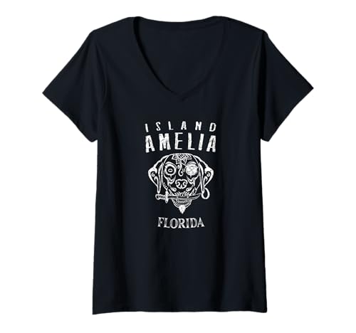 Womens Amelia Island Souvenir Halloween Pirate Fun Dog Friendly V-Neck T-Shirt